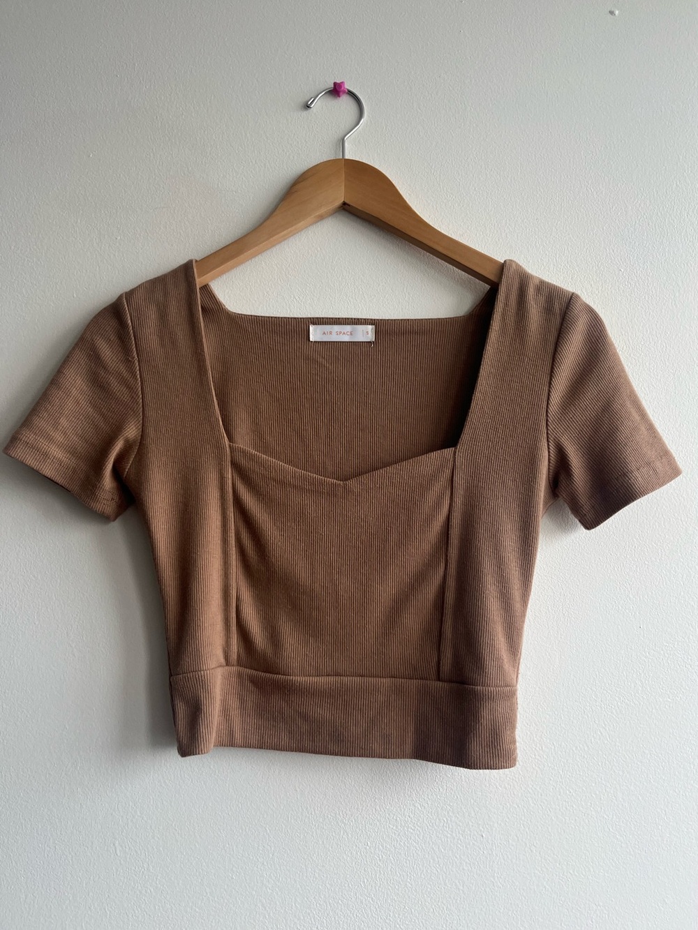 Air Space Taupe Brown Ribbed Square Neck Crop Top | Y2K Clean Girl Baby Tee Sz S